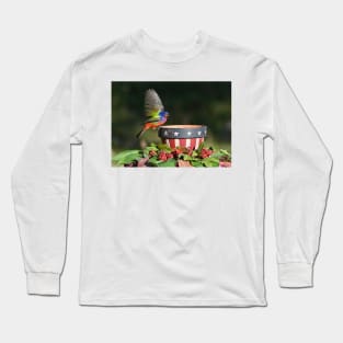 Painted Bunting Bird Saluting the American Flag Bowl Long Sleeve T-Shirt